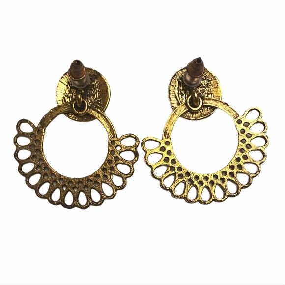 Filigree Hoop Stud Earrings Gold Green - Picture 5 of 7